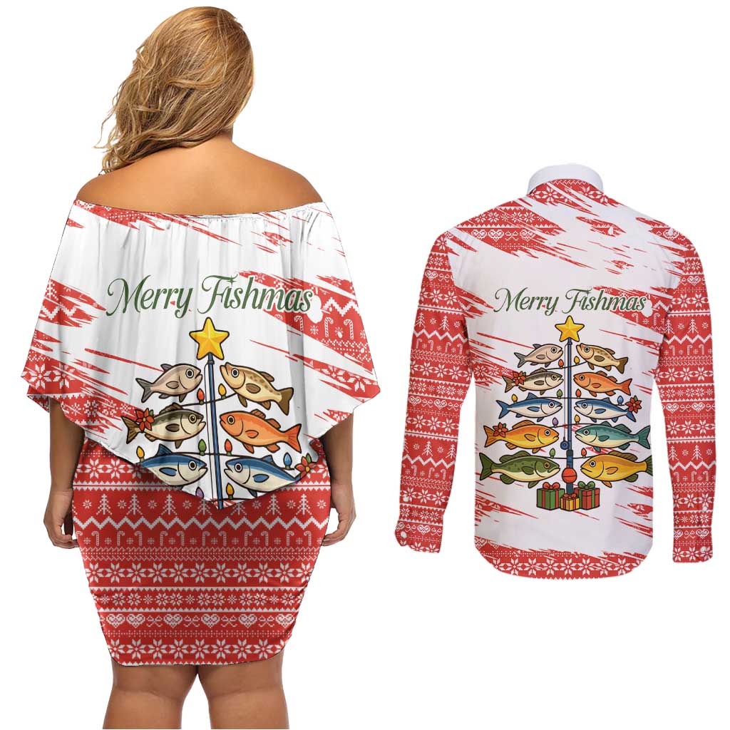 Christmas Fishing Couples Matching Off Shoulder Short Dress and Long Sleeve Button Shirt with Santa Claus Fish Tree and Red Snowflake Pattern - Wonder Print Shop