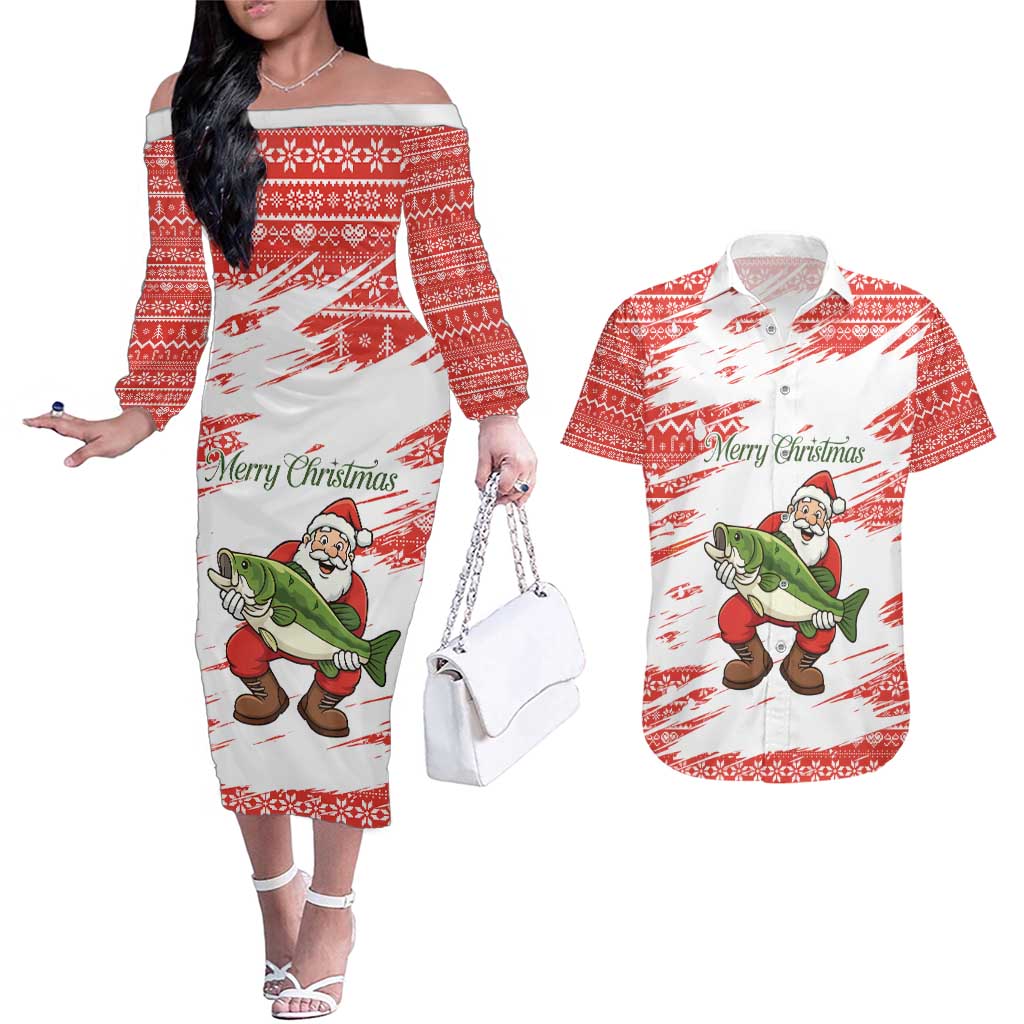 Christmas Fishing Couples Matching Off The Shoulder Long Sleeve Dress and Hawaiian Shirt with Santa Claus Fish Tree and Red Snowflake Pattern - Wonder Print Shop