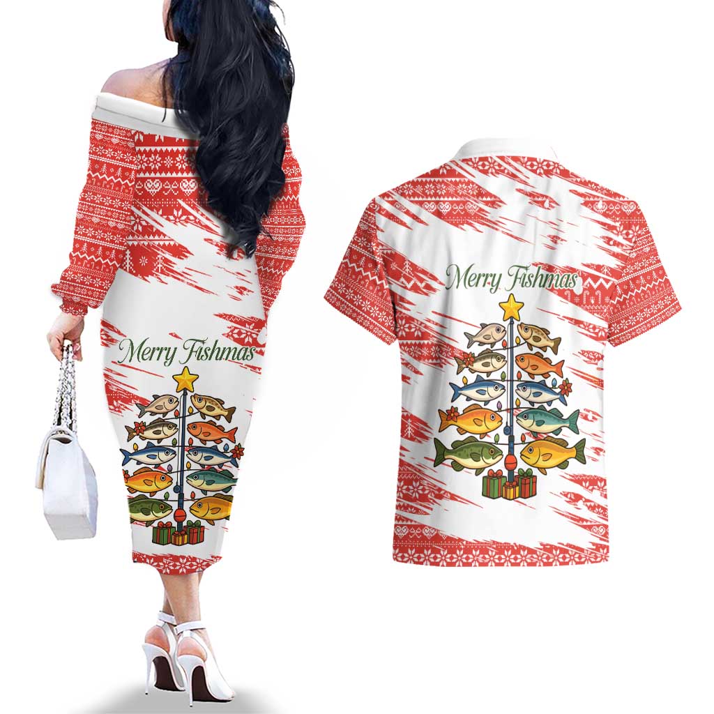 Christmas Fishing Couples Matching Off The Shoulder Long Sleeve Dress and Hawaiian Shirt with Santa Claus Fish Tree and Red Snowflake Pattern - Wonder Print Shop