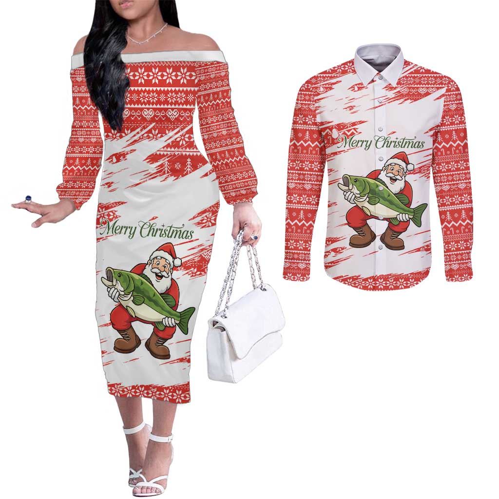 Christmas Fishing Couples Matching Off The Shoulder Long Sleeve Dress and Long Sleeve Button Shirt with Santa Claus Fish Tree and Red Snowflake Pattern - Wonder Print Shop