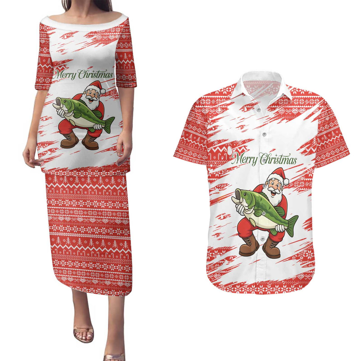 Christmas Fishing Couples Matching Puletasi and Hawaiian Shirt with Santa Claus Fish Tree and Red Snowflake Pattern - Wonder Print Shop
