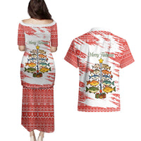 Christmas Fishing Couples Matching Puletasi and Hawaiian Shirt with Santa Claus Fish Tree and Red Snowflake Pattern - Wonder Print Shop