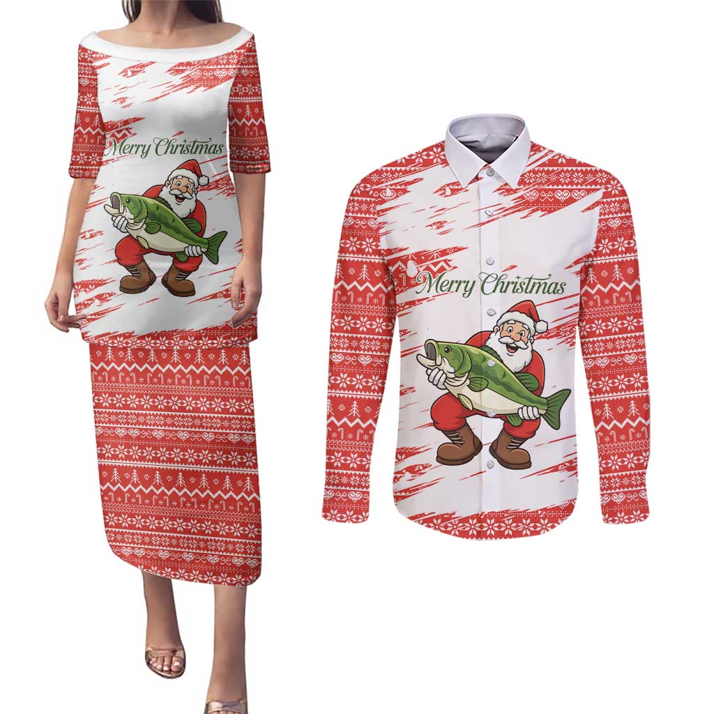 Christmas Fishing Couples Matching Puletasi and Long Sleeve Button Shirt with Santa Claus Fish Tree and Red Snowflake Pattern - Wonder Print Shop