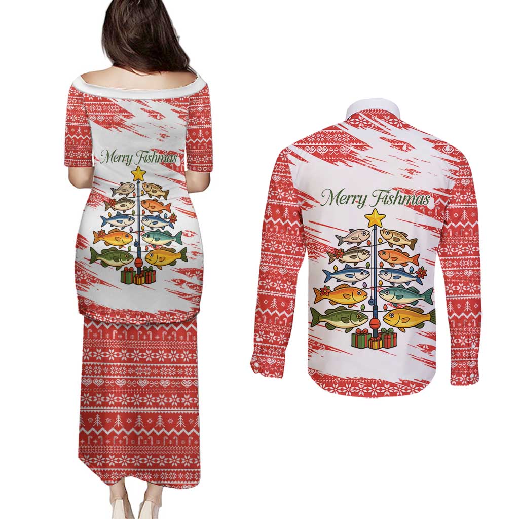 Christmas Fishing Couples Matching Puletasi and Long Sleeve Button Shirt with Santa Claus Fish Tree and Red Snowflake Pattern - Wonder Print Shop