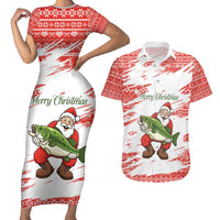 Christmas Fishing Couples Matching Short Sleeve Bodycon Dress and Hawaiian Shirt with Santa Claus Fish Tree and Red Snowflake Pattern - Wonder Print Shop