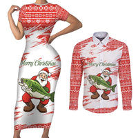 Christmas Fishing Couples Matching Short Sleeve Bodycon Dress and Long Sleeve Button Shirt with Santa Claus Fish Tree and Red Snowflake Pattern - Wonder Print Shop