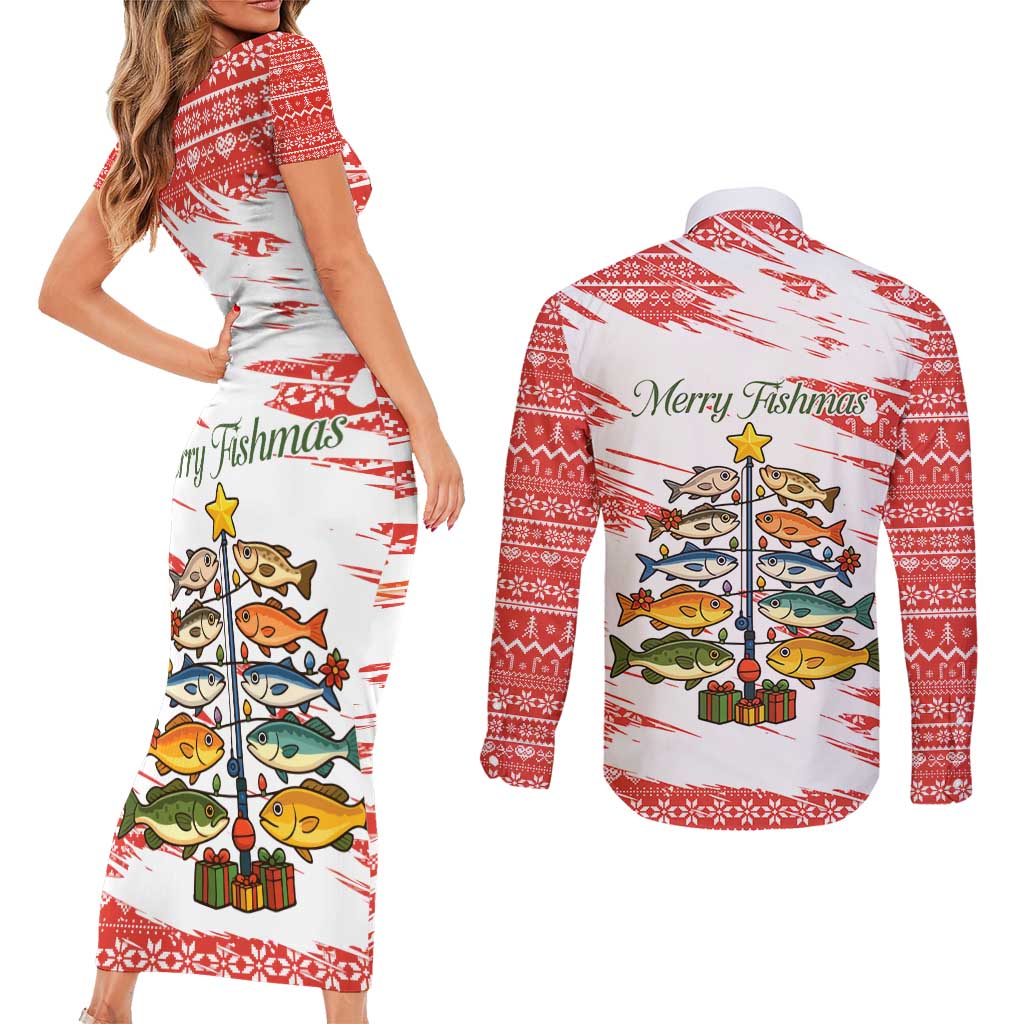 Christmas Fishing Couples Matching Short Sleeve Bodycon Dress and Long Sleeve Button Shirt with Santa Claus Fish Tree and Red Snowflake Pattern - Wonder Print Shop