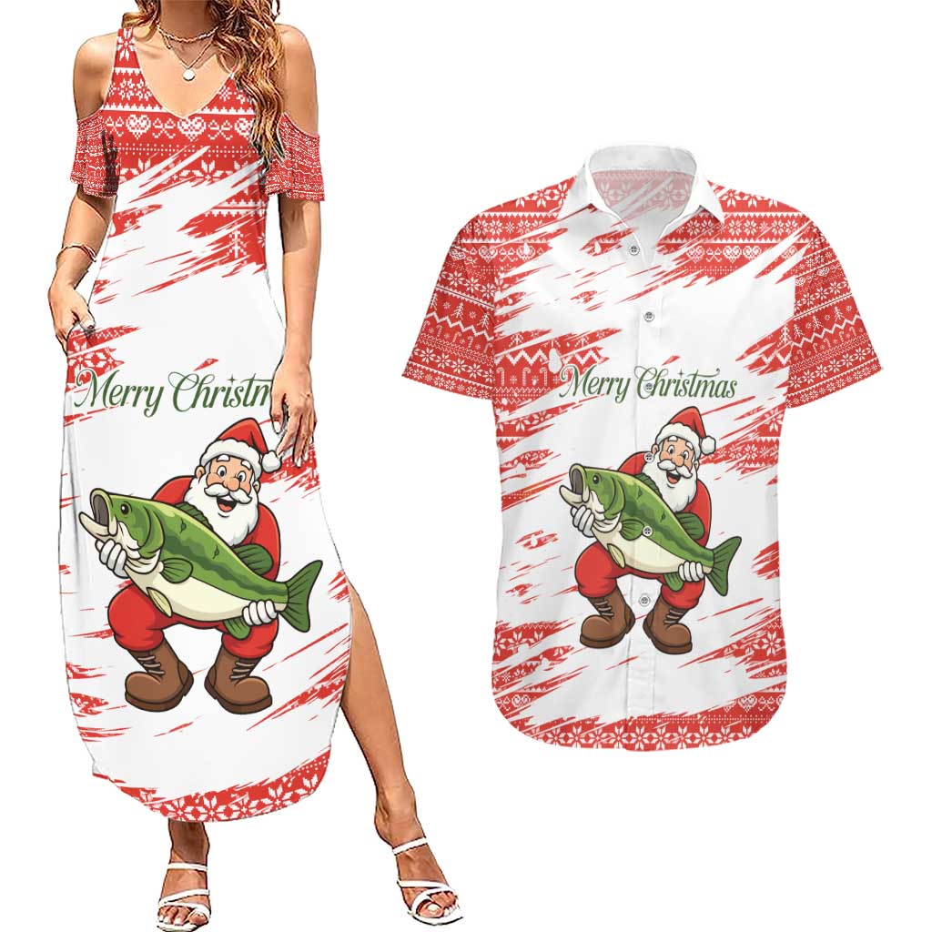 Christmas Fishing Couples Matching Summer Maxi Dress and Hawaiian Shirt with Santa Claus Fish Tree and Red Snowflake Pattern - Wonder Print Shop