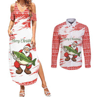 Christmas Fishing Couples Matching Summer Maxi Dress and Long Sleeve Button Shirt with Santa Claus Fish Tree and Red Snowflake Pattern - Wonder Print Shop