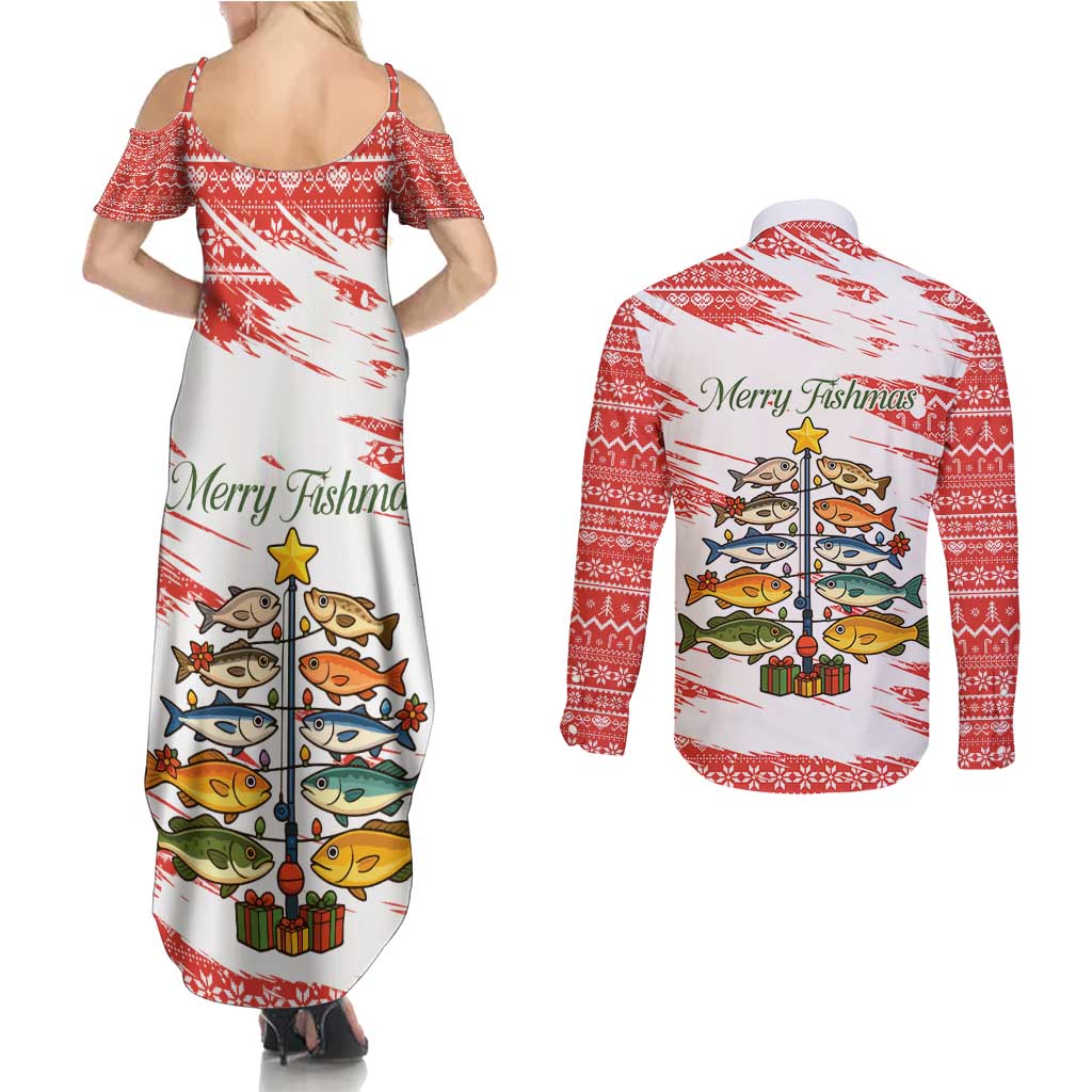 Christmas Fishing Couples Matching Summer Maxi Dress and Long Sleeve Button Shirt with Santa Claus Fish Tree and Red Snowflake Pattern - Wonder Print Shop