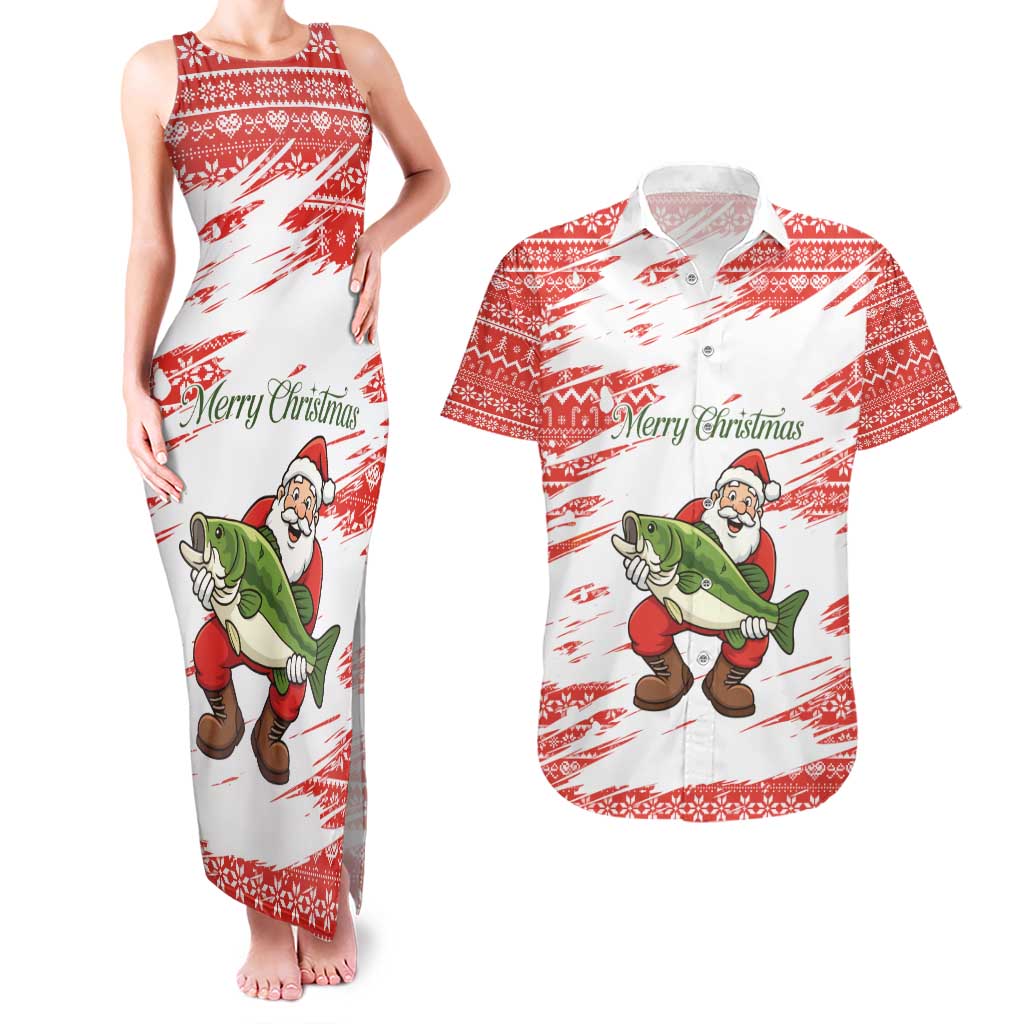 Christmas Fishing Couples Matching Tank Maxi Dress and Hawaiian Shirt with Santa Claus Fish Tree and Red Snowflake Pattern - Wonder Print Shop