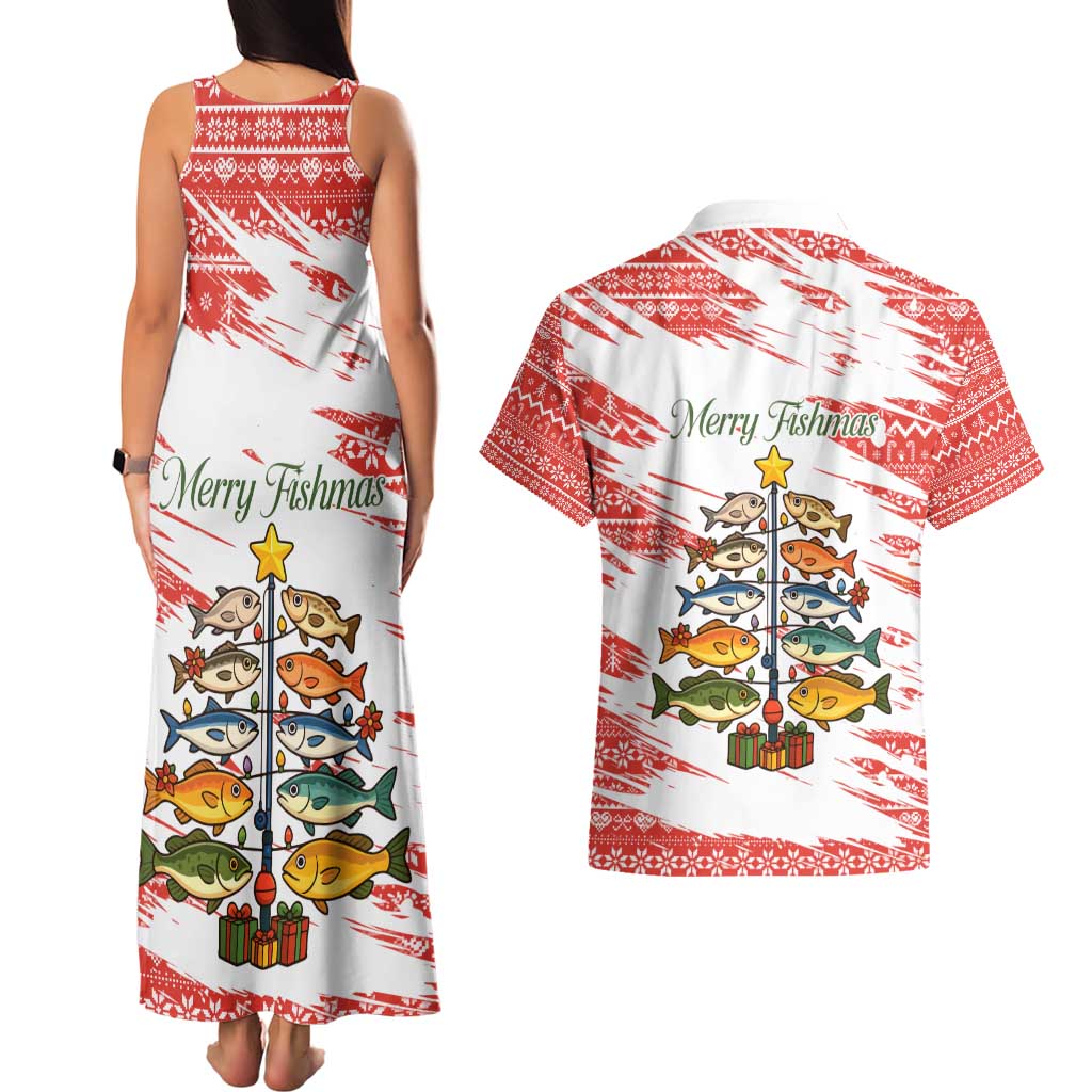 Christmas Fishing Couples Matching Tank Maxi Dress and Hawaiian Shirt with Santa Claus Fish Tree and Red Snowflake Pattern - Wonder Print Shop