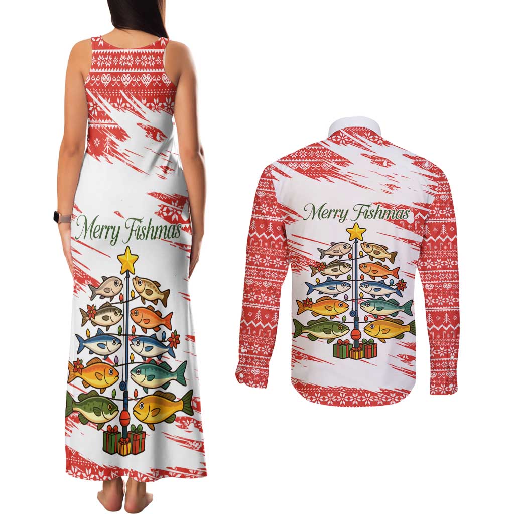 Christmas Fishing Couples Matching Tank Maxi Dress and Long Sleeve Button Shirt with Santa Claus Fish Tree and Red Snowflake Pattern - Wonder Print Shop