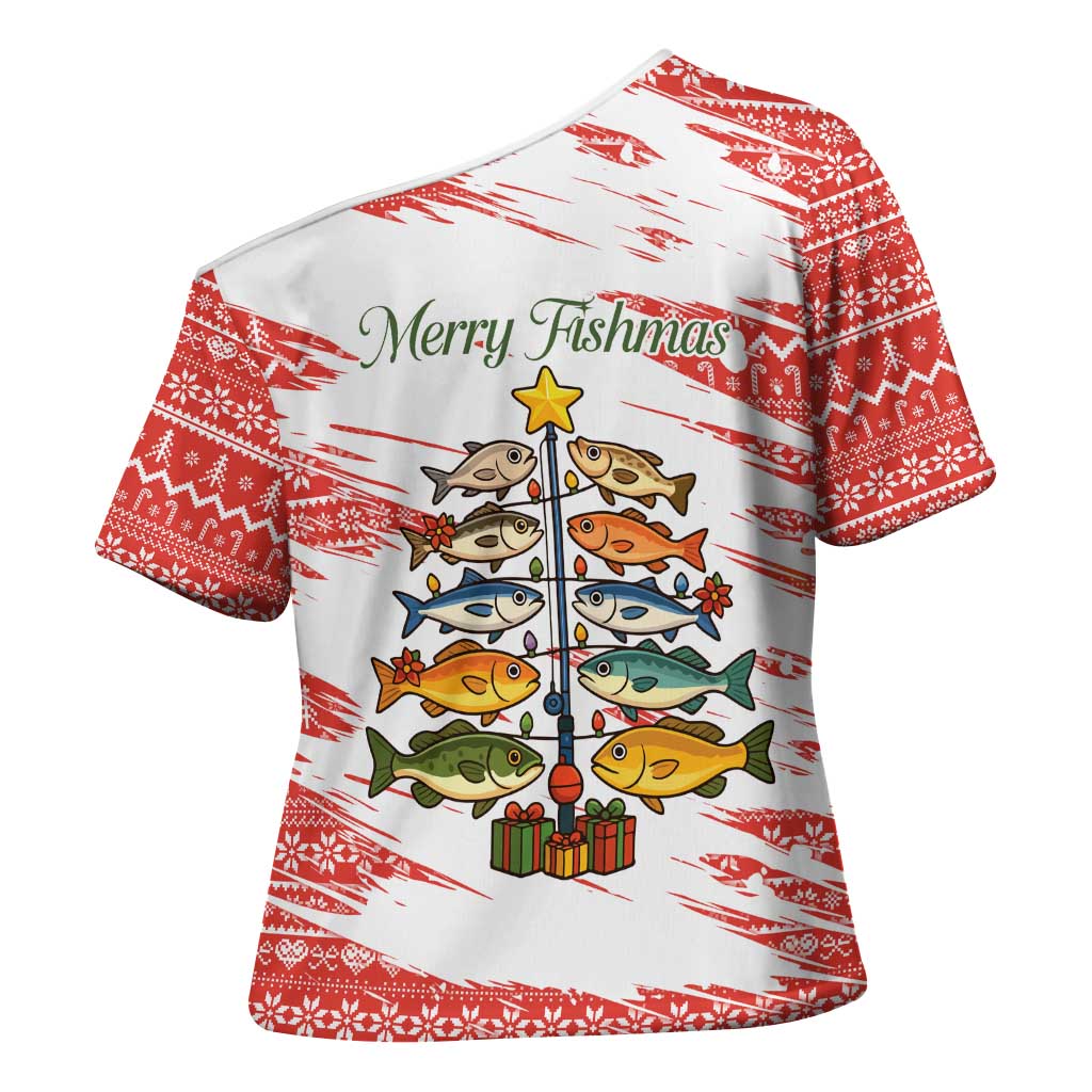 Christmas Fishing Cross Shoulder Shirt with Santa Claus Fish Tree and Red Snowflake Pattern - Wonder Print Shop