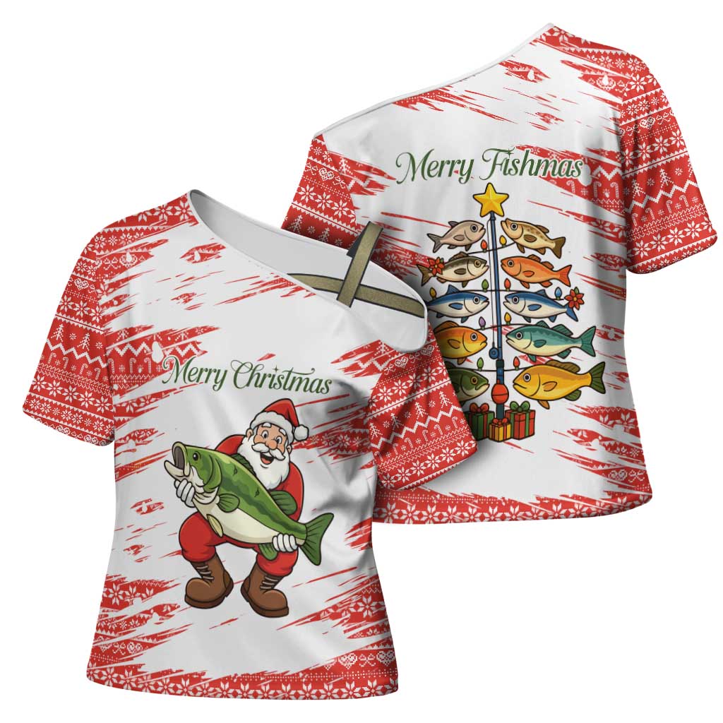 Christmas Fishing Cross Shoulder Shirt with Santa Claus Fish Tree and Red Snowflake Pattern - Wonder Print Shop