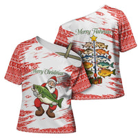 Christmas Fishing Cross Shoulder Shirt with Santa Claus Fish Tree and Red Snowflake Pattern - Wonder Print Shop