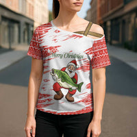Christmas Fishing Cross Shoulder Shirt with Santa Claus Fish Tree and Red Snowflake Pattern - Wonder Print Shop