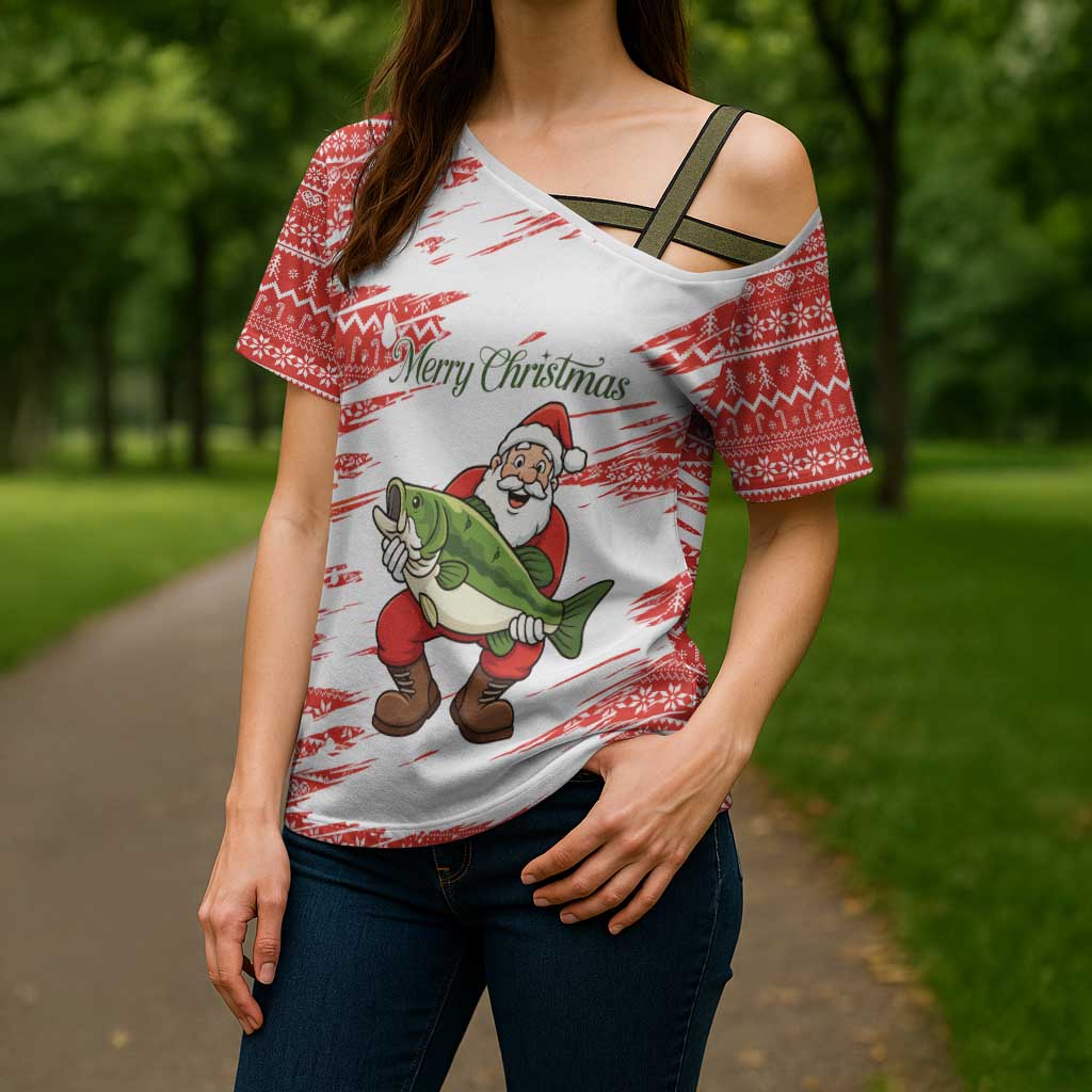 Christmas Fishing Cross Shoulder Shirt with Santa Claus Fish Tree and Red Snowflake Pattern - Wonder Print Shop