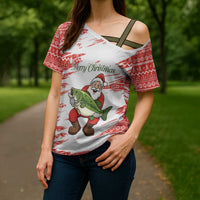Christmas Fishing Cross Shoulder Shirt with Santa Claus Fish Tree and Red Snowflake Pattern - Wonder Print Shop