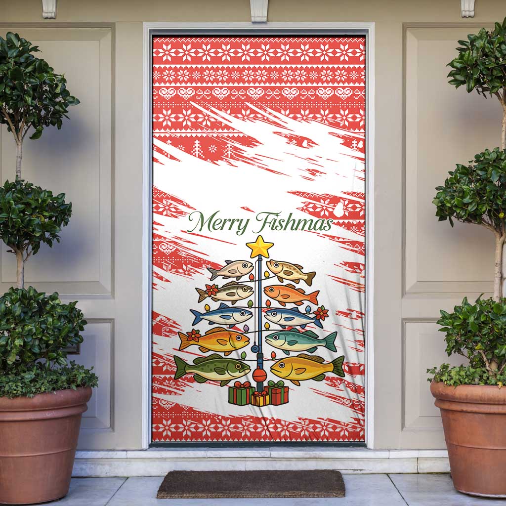 Christmas Fishing Door Cover with Santa Claus Fish Tree and Red Snowflake Pattern - Wonder Print Shop