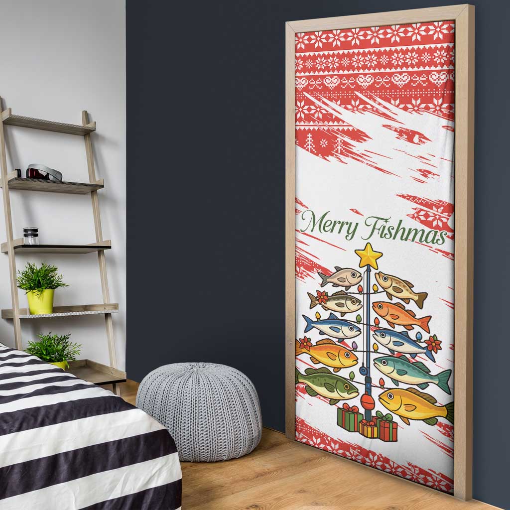 Christmas Fishing Door Cover with Santa Claus Fish Tree and Red Snowflake Pattern - Wonder Print Shop