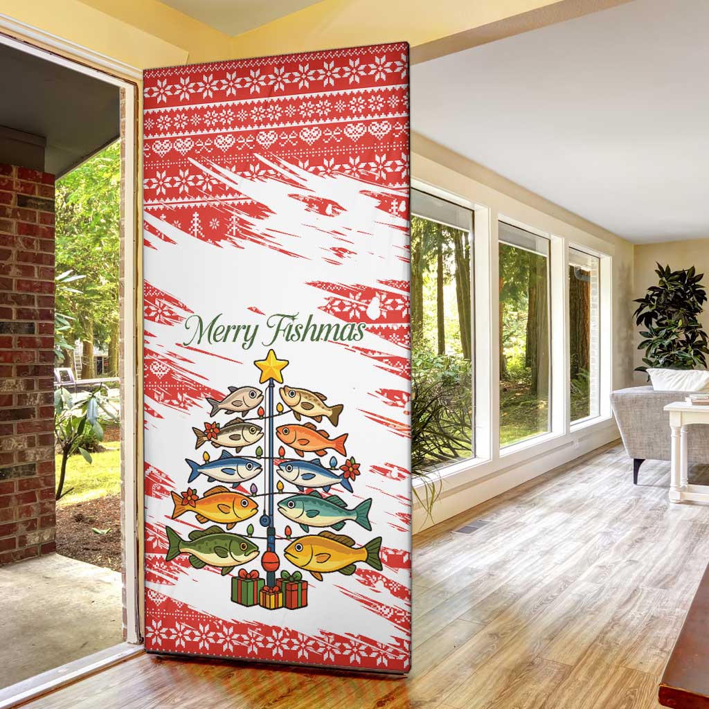 Christmas Fishing Door Cover with Santa Claus Fish Tree and Red Snowflake Pattern - Wonder Print Shop