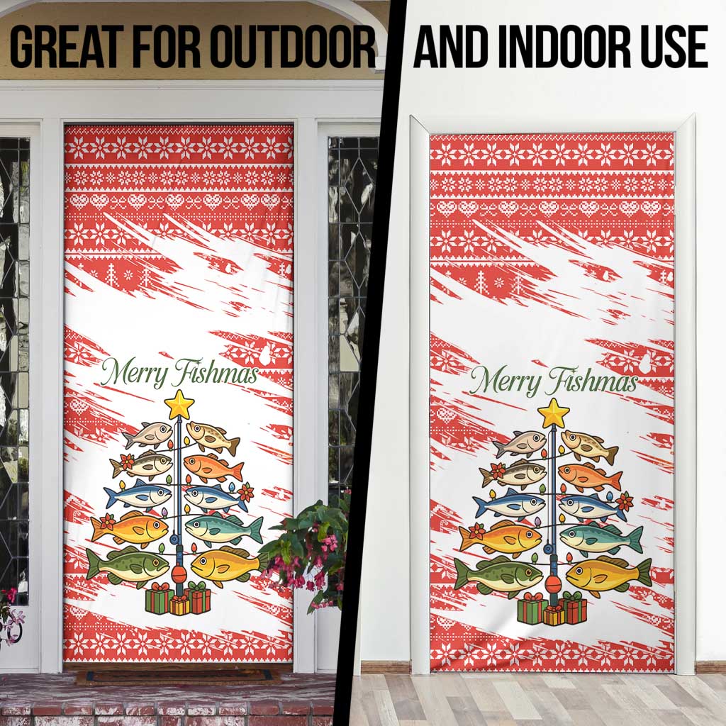 Christmas Fishing Door Cover with Santa Claus Fish Tree and Red Snowflake Pattern - Wonder Print Shop