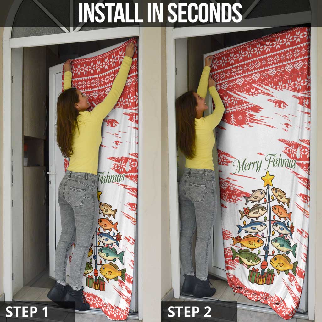 Christmas Fishing Door Cover with Santa Claus Fish Tree and Red Snowflake Pattern - Wonder Print Shop