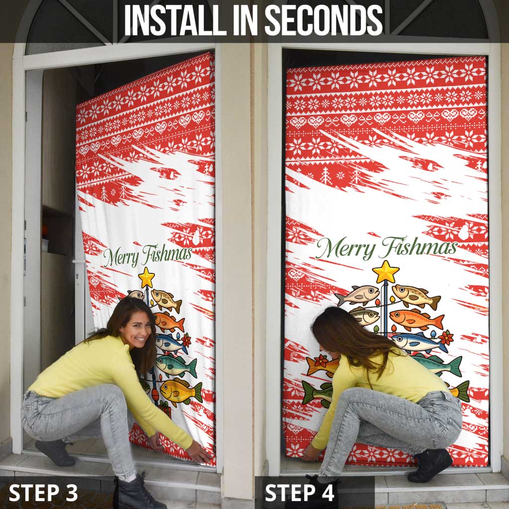 Christmas Fishing Door Cover with Santa Claus Fish Tree and Red Snowflake Pattern - Wonder Print Shop