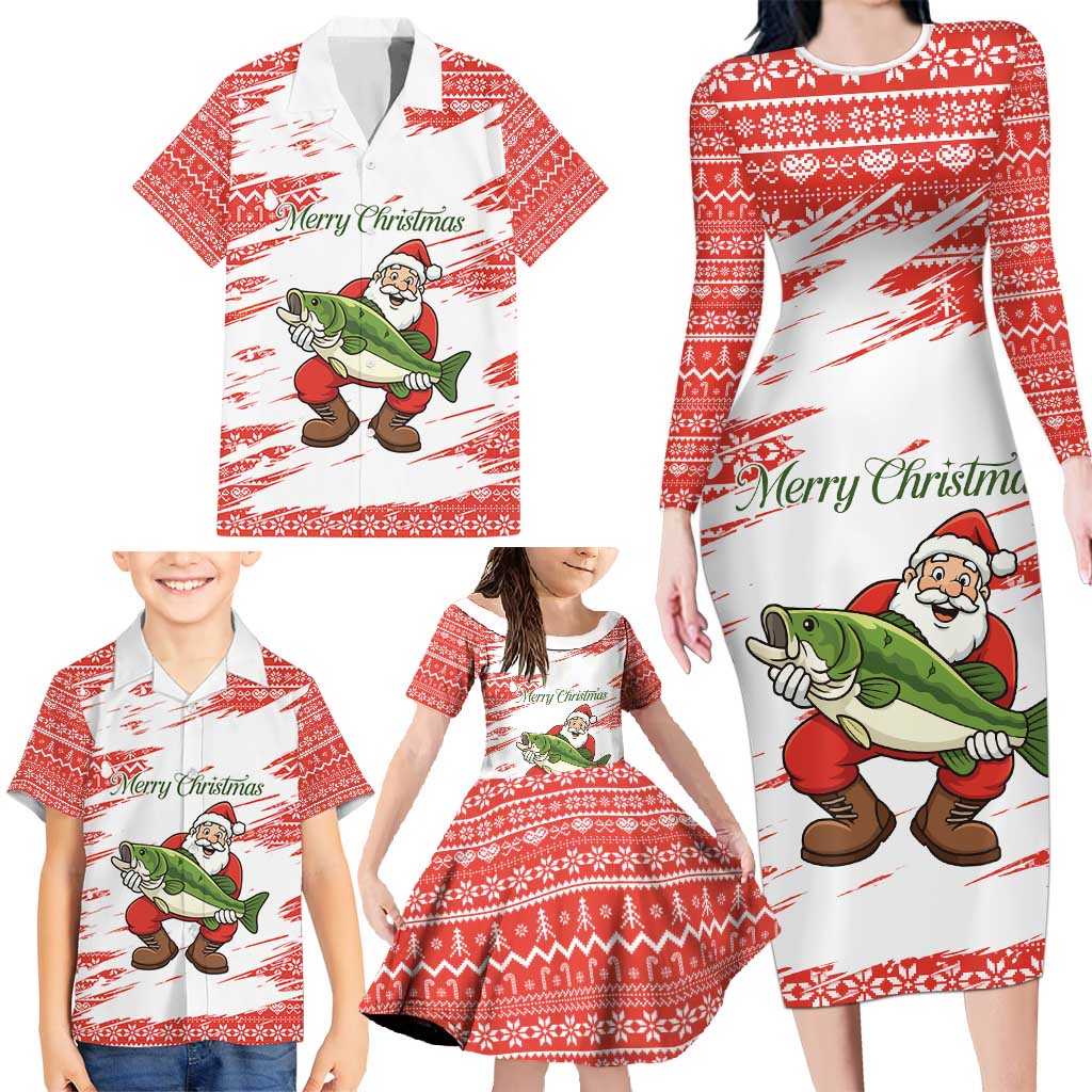 Christmas Fishing Family Matching Long Sleeve Bodycon Dress and Hawaiian Shirt with Santa Claus Fish Tree and Red Snowflake Pattern - Wonder Print Shop