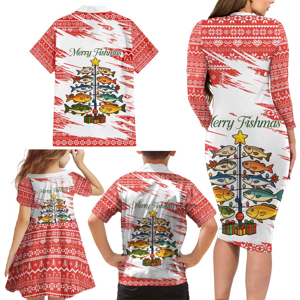 Christmas Fishing Family Matching Long Sleeve Bodycon Dress and Hawaiian Shirt with Santa Claus Fish Tree and Red Snowflake Pattern - Wonder Print Shop