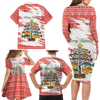 Christmas Fishing Family Matching Long Sleeve Bodycon Dress and Hawaiian Shirt with Santa Claus Fish Tree and Red Snowflake Pattern - Wonder Print Shop