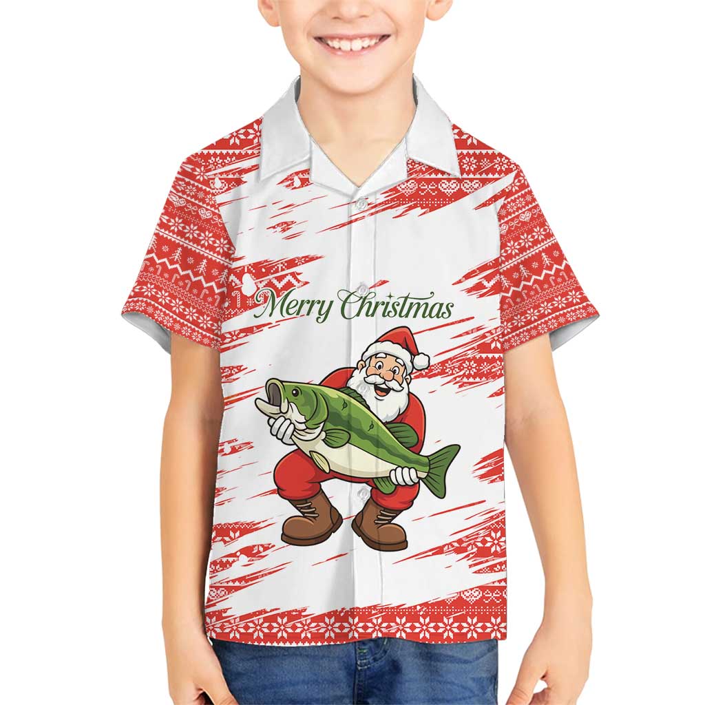 Christmas Fishing Family Matching Long Sleeve Bodycon Dress and Hawaiian Shirt with Santa Claus Fish Tree and Red Snowflake Pattern - Wonder Print Shop