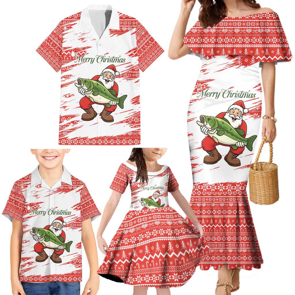 Christmas Fishing Family Matching Mermaid Dress and Hawaiian Shirt with Santa Claus Fish Tree and Red Snowflake Pattern - Wonder Print Shop