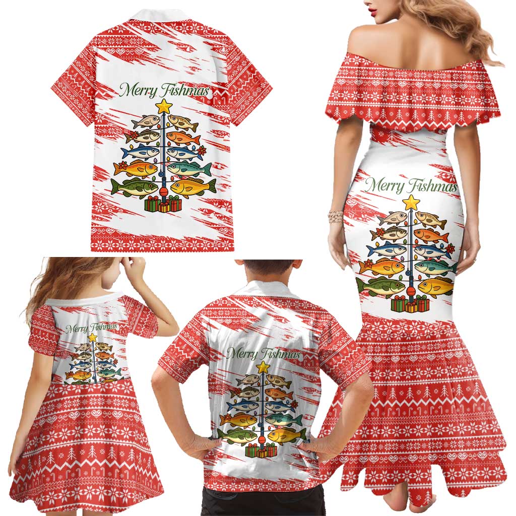 Christmas Fishing Family Matching Mermaid Dress and Hawaiian Shirt with Santa Claus Fish Tree and Red Snowflake Pattern - Wonder Print Shop
