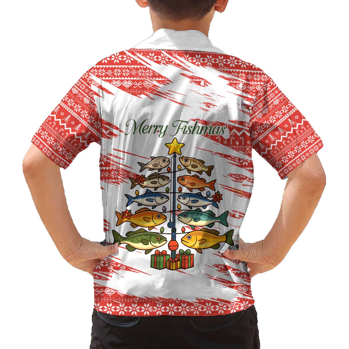 Christmas Fishing Family Matching Off The Shoulder Long Sleeve Dress and Hawaiian Shirt with Santa Claus Fish Tree and Red Snowflake Pattern - Wonder Print Shop