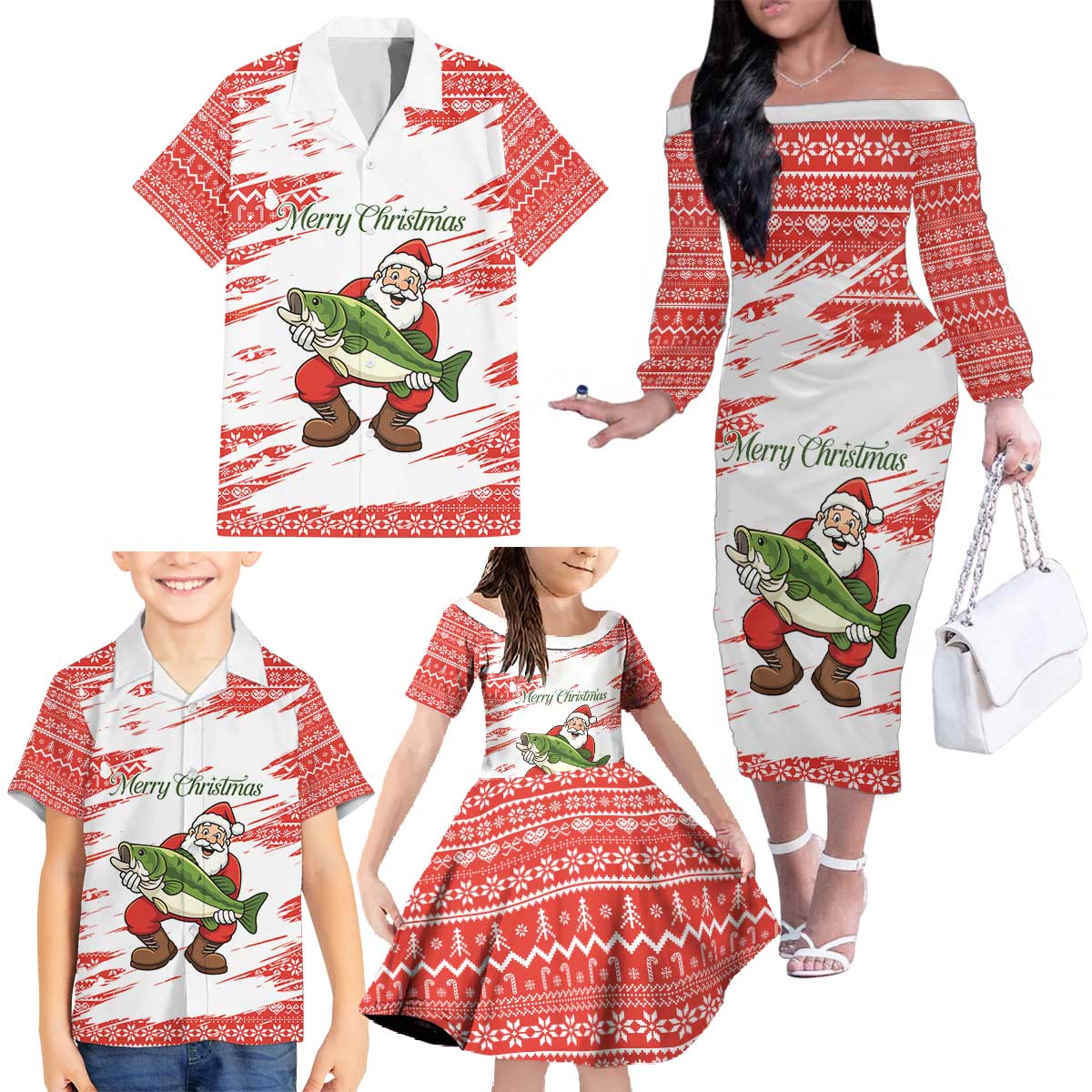 Christmas Fishing Family Matching Off The Shoulder Long Sleeve Dress and Hawaiian Shirt with Santa Claus Fish Tree and Red Snowflake Pattern - Wonder Print Shop