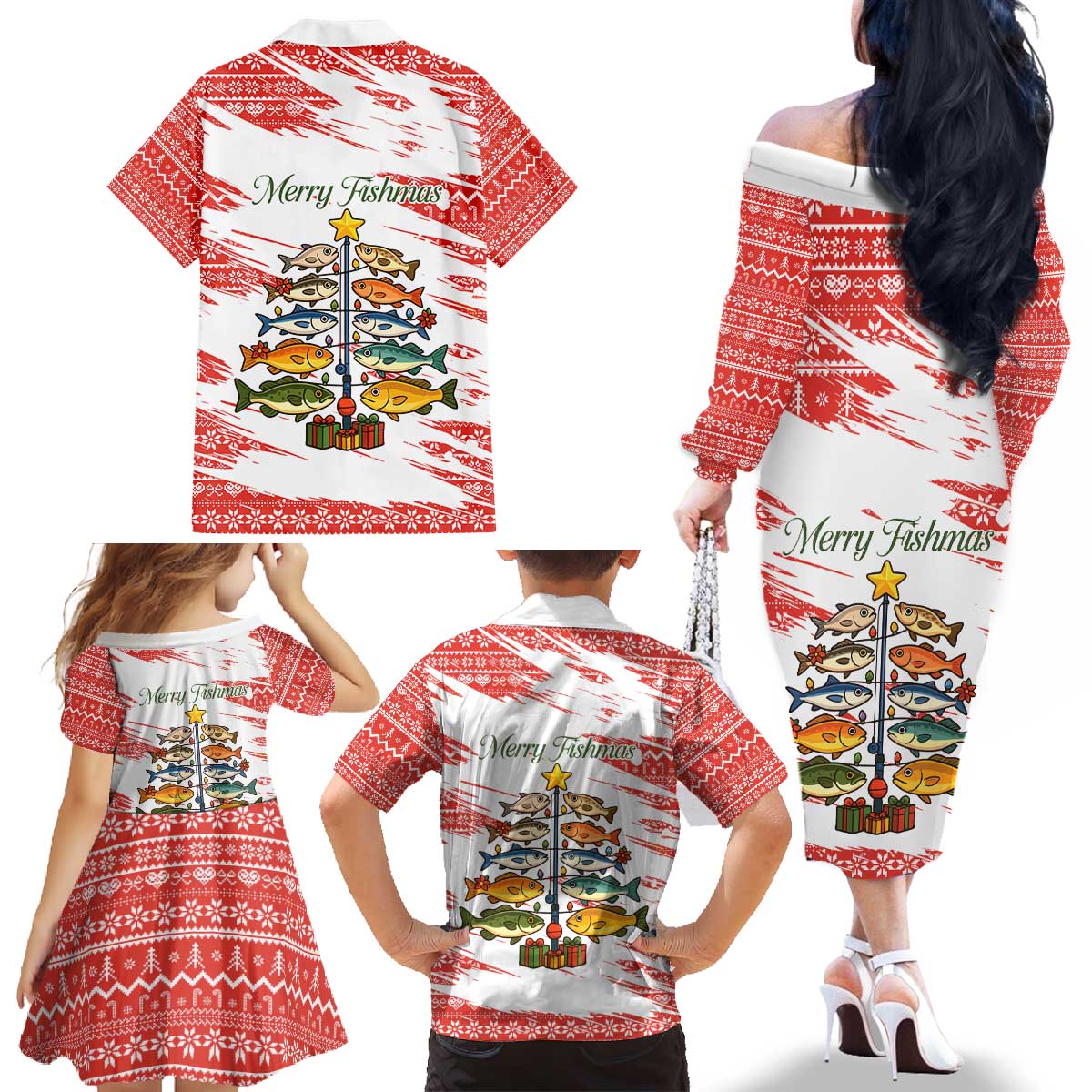 Christmas Fishing Family Matching Off The Shoulder Long Sleeve Dress and Hawaiian Shirt with Santa Claus Fish Tree and Red Snowflake Pattern - Wonder Print Shop