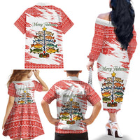 Christmas Fishing Family Matching Off The Shoulder Long Sleeve Dress and Hawaiian Shirt with Santa Claus Fish Tree and Red Snowflake Pattern - Wonder Print Shop