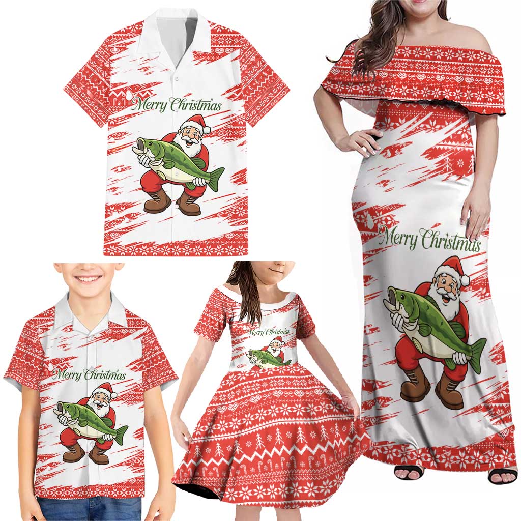 Christmas Fishing Family Matching Off Shoulder Maxi Dress and Hawaiian Shirt with Santa Claus Fish Tree and Red Snowflake Pattern - Wonder Print Shop