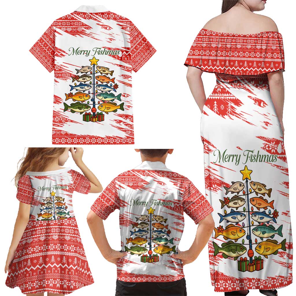 Christmas Fishing Family Matching Off Shoulder Maxi Dress and Hawaiian Shirt with Santa Claus Fish Tree and Red Snowflake Pattern - Wonder Print Shop