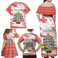 Christmas Fishing Family Matching Off Shoulder Maxi Dress and Hawaiian Shirt with Santa Claus Fish Tree and Red Snowflake Pattern - Wonder Print Shop