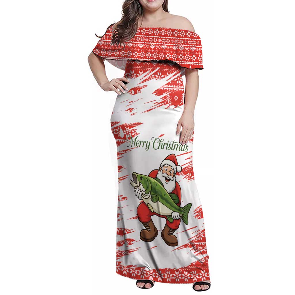 Christmas Fishing Family Matching Off Shoulder Maxi Dress and Hawaiian Shirt with Santa Claus Fish Tree and Red Snowflake Pattern - Wonder Print Shop