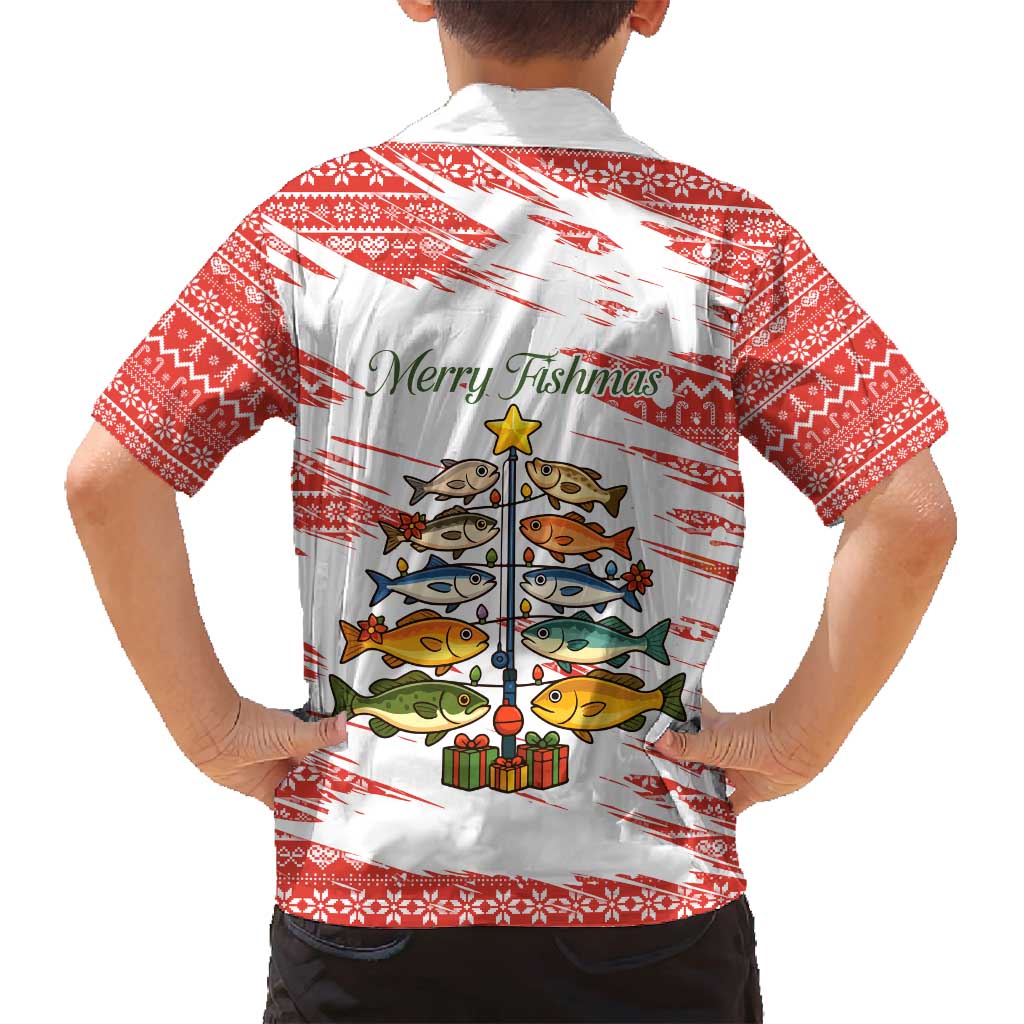Christmas Fishing Family Matching Off Shoulder Short Dress and Hawaiian Shirt with Santa Claus Fish Tree and Red Snowflake Pattern - Wonder Print Shop