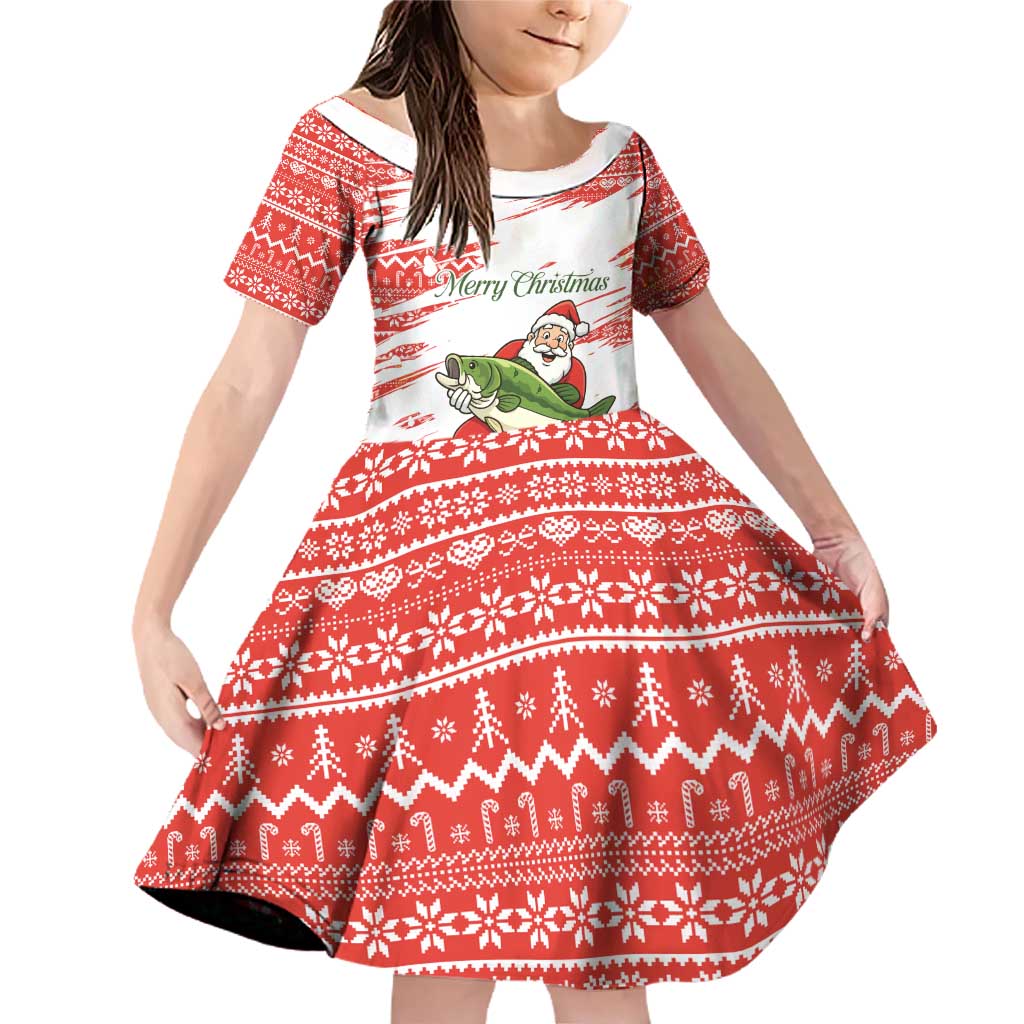 Christmas Fishing Family Matching Off Shoulder Short Dress and Hawaiian Shirt with Santa Claus Fish Tree and Red Snowflake Pattern - Wonder Print Shop