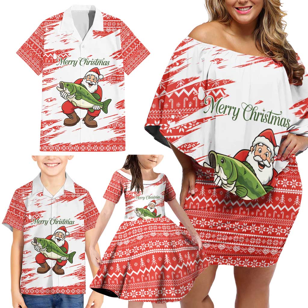 Christmas Fishing Family Matching Off Shoulder Short Dress and Hawaiian Shirt with Santa Claus Fish Tree and Red Snowflake Pattern - Wonder Print Shop