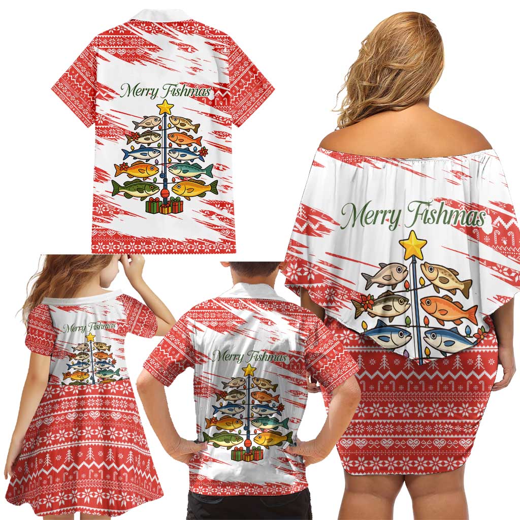 Christmas Fishing Family Matching Off Shoulder Short Dress and Hawaiian Shirt with Santa Claus Fish Tree and Red Snowflake Pattern - Wonder Print Shop