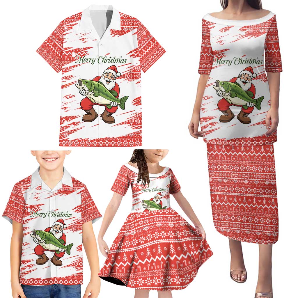 Christmas Fishing Family Matching Puletasi and Hawaiian Shirt with Santa Claus Fish Tree and Red Snowflake Pattern - Wonder Print Shop