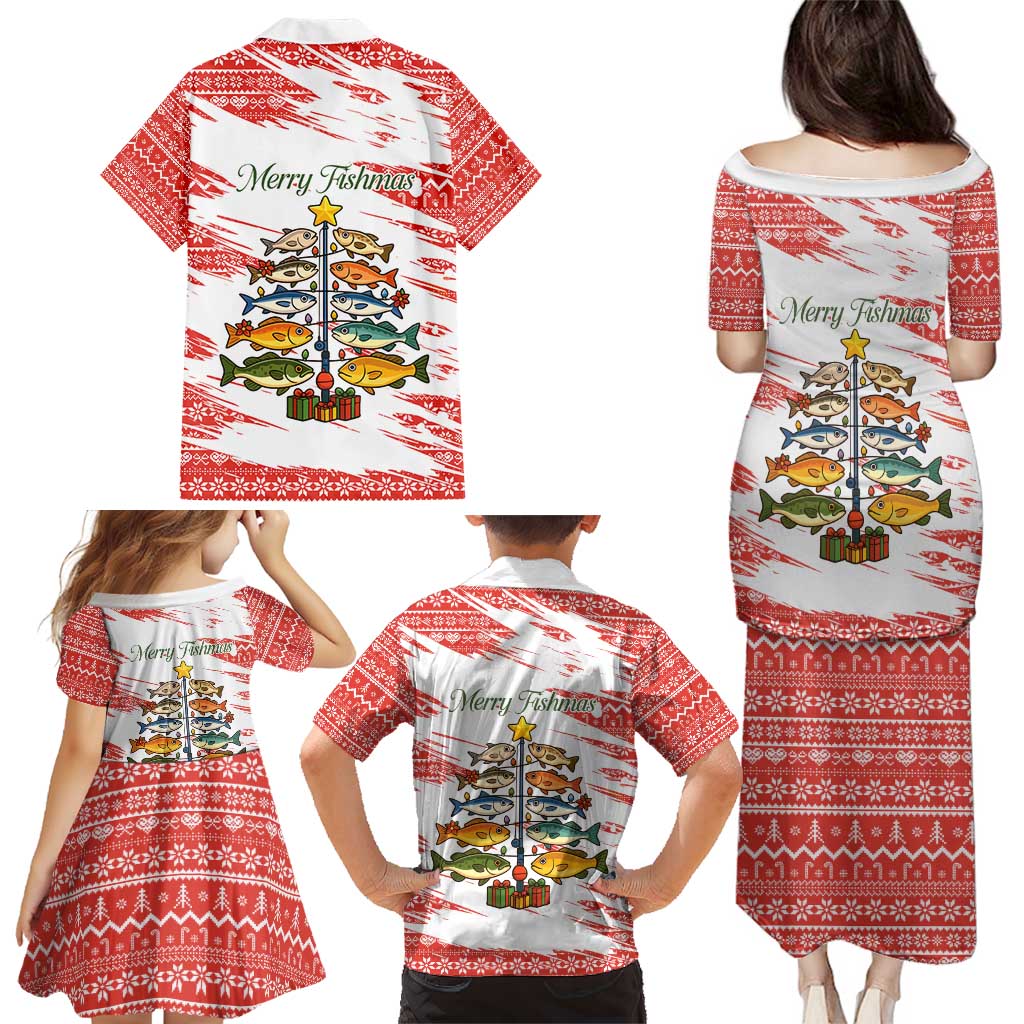 Christmas Fishing Family Matching Puletasi and Hawaiian Shirt with Santa Claus Fish Tree and Red Snowflake Pattern - Wonder Print Shop