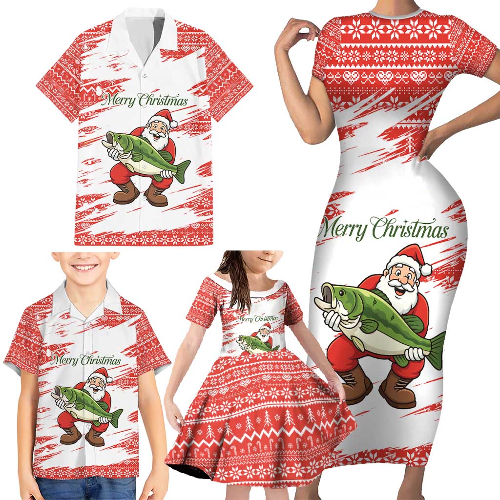 Christmas Fishing Family Matching Short Sleeve Bodycon Dress and Hawaiian Shirt with Santa Claus Fish Tree and Red Snowflake Pattern - Wonder Print Shop